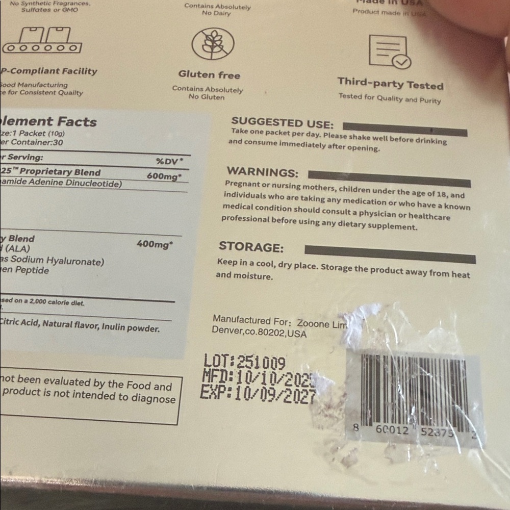 ZOOONE NAD+ 1000mg Supplement 30 Packets. - Picture 3 of 3